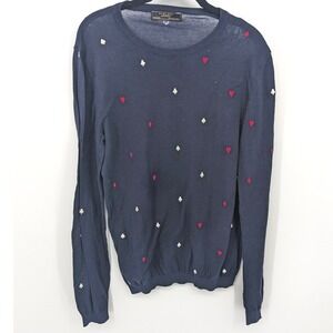 Zara Man Sweater Mens Medium Navy Blue Hearts Playing Cards‎ Lightweight Casual